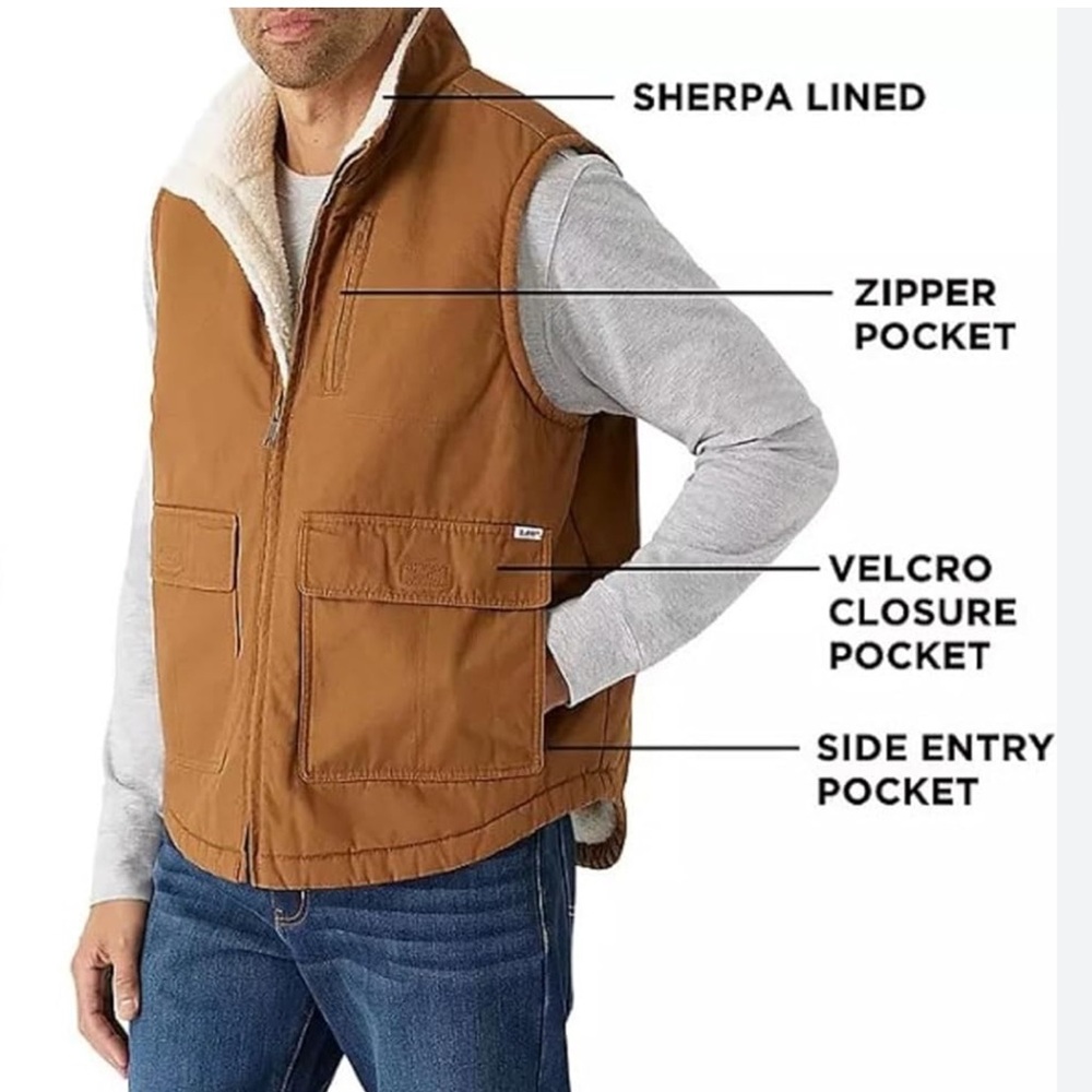 LEE WORKWEAR Sherpa Lined Canvas Utility Vest in Tobacco Brown L